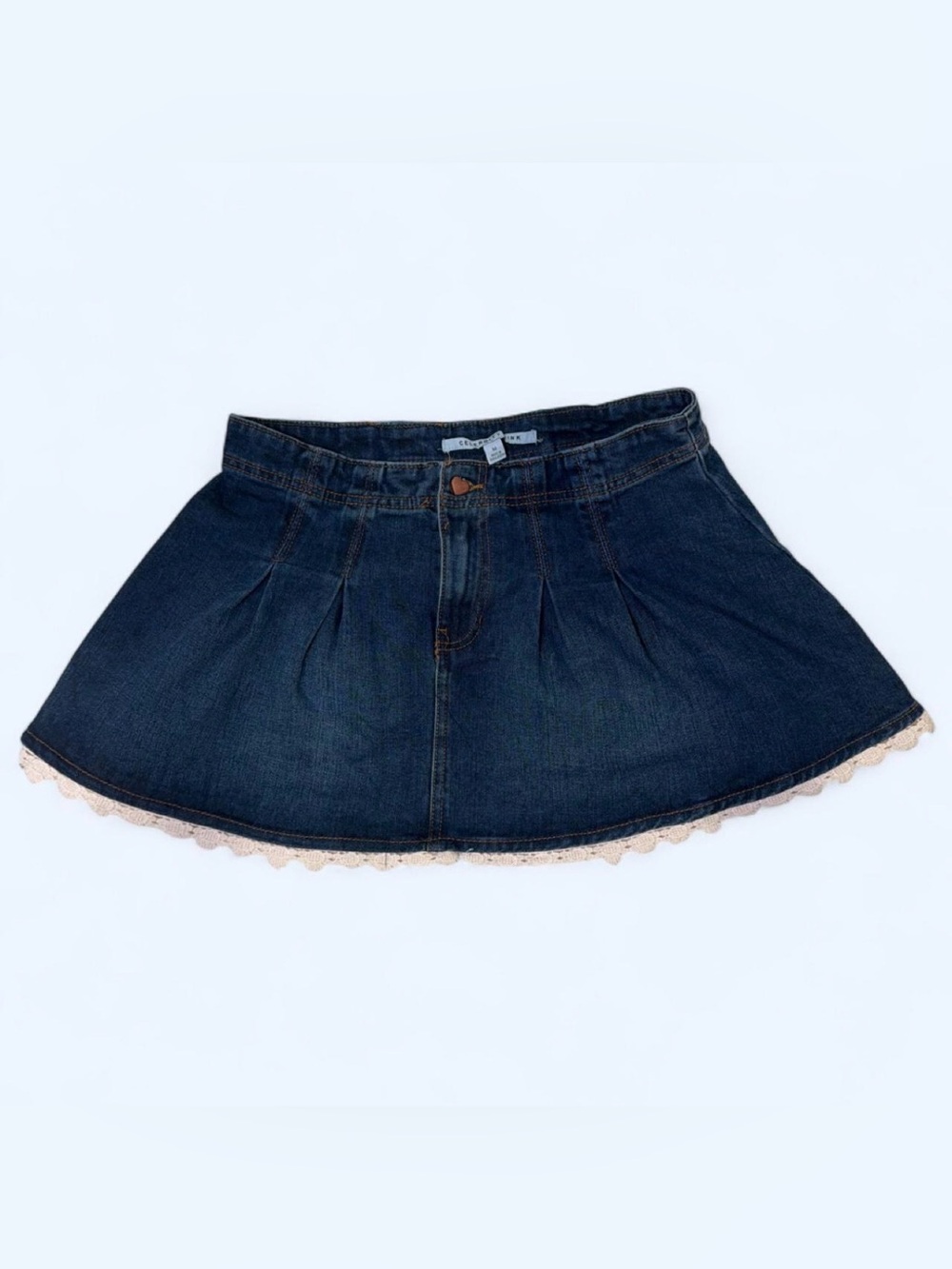 Celebrity Pink Dark Blue Denim Skater Skirt with Cream Lace Hem